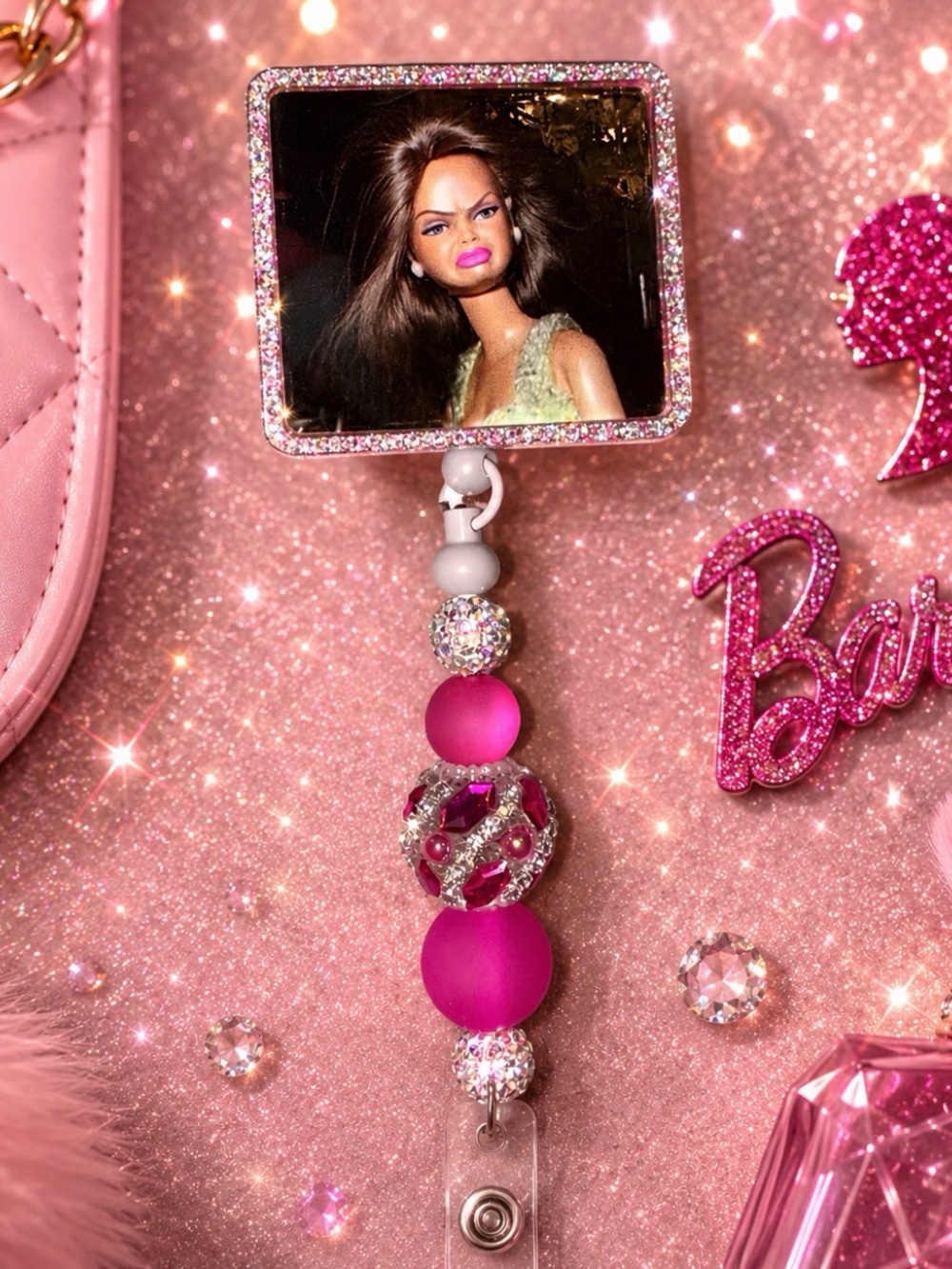 Barbie Pink Beaded Badge Reel with Rhinestone Frame